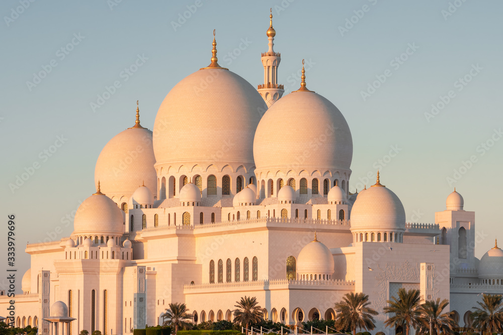 Grand Mosque in Abu Dhabi at sunset, UAE