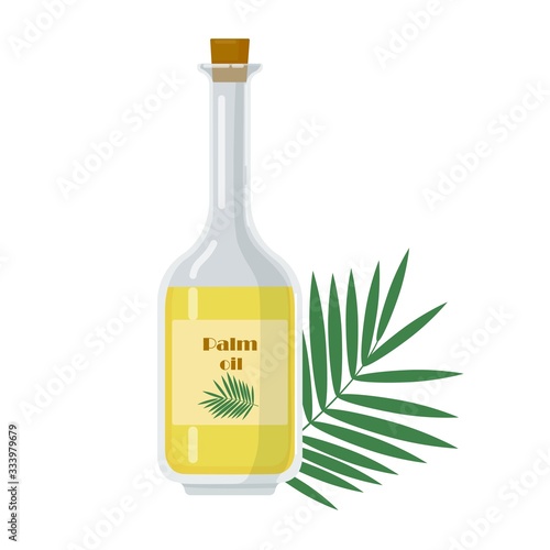 Bottle with palm oil isolated on white. Liquid for food, pharmacy or cosmetic. Herbal element, palm tree leaf vector illustration.