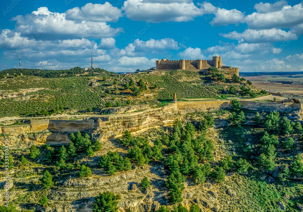 Aerial panoramic view of Chichilla de Montearagon, medieval hilltop fortification near Albacete surrounded by a deep dry moat