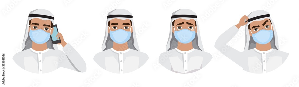 Arab men wearing medical mask to prevent disease, flu, air pollution, contaminated air, world pollution. Set of different emotions. Arab men wearing medical mask to prevent disease, flu, air pollution, contaminated air, world pollution. Set of different emotions.