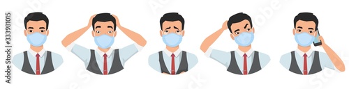 Asian men wearing medical mask to prevent disease, flu, air pollution, contaminated air, world pollution. Set of different emotions.