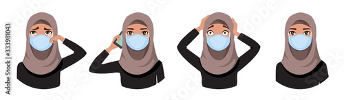 Arab women wearing medical mask to prevent disease, flu, air pollution, contaminated air, world pollution. Set of different emotions.