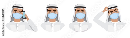 Arab men wearing medical mask to prevent disease, flu, air pollution, contaminated air, world pollution. Set of different emotions.