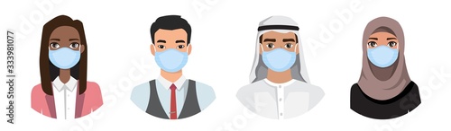 Group of people wearing medical masks to prevent disease, flu, air pollution, contaminated air, world pollution.