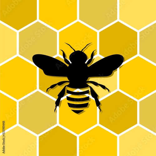 Seamless yellow pattern with bee and honeycombs background