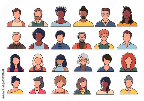 Set of persons, avatars, people heads of different ethnicity and age in flat style. Multi nationality social networks people faces collection.