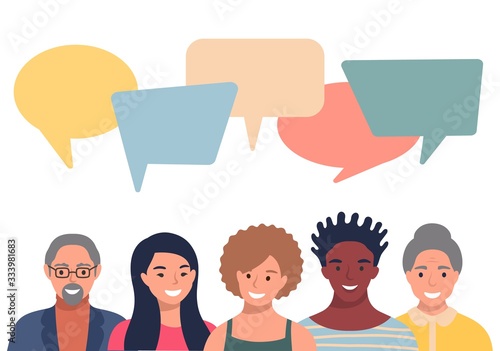 People avatars with speech bubbles. Men and woman communication, talking llustration. Coworkers, team, thinking, question, idea, brainstorm concept.