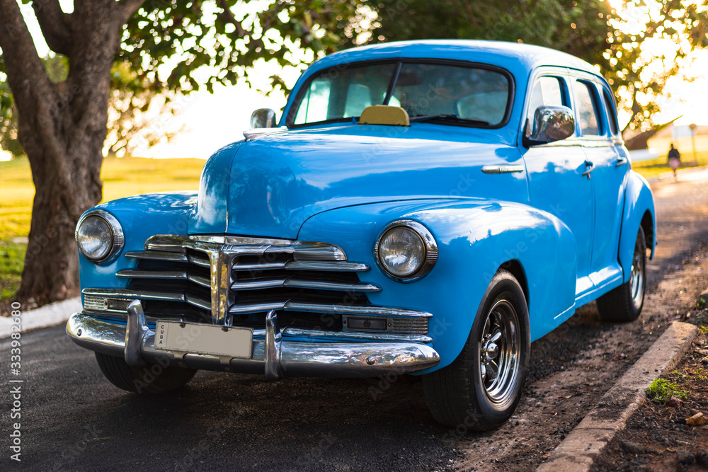 old vintage blue car on the streets of havana cuba