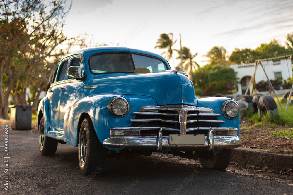 old vintage blue car on the streets of havana cuba