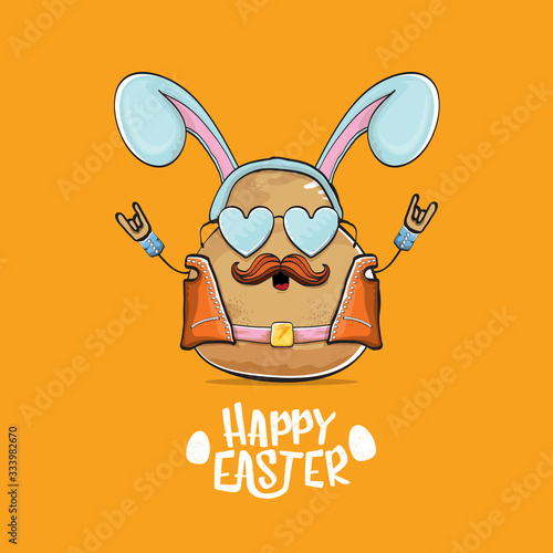 vector rock star easter potato funny cartoon character with blue bunny ears isolated on orange background. rock n roll easter party poster or happy easter greeeting card photo