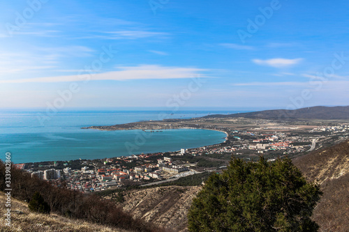 view of the Bay of the resort city of Gelendzhik from the top of the mountains. Black sea coast. Spring 2020