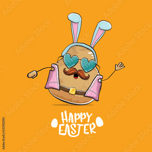 vector rock star easter potato funny cartoon character with blue bunny ears isolated on orange background. rock n roll easter party poster or happy easter greeeting card photo