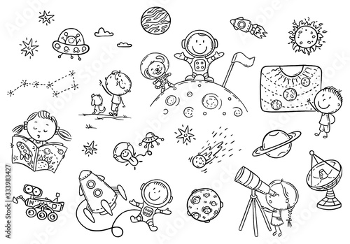 Cartoon space and astronauts set, coloring page for kids