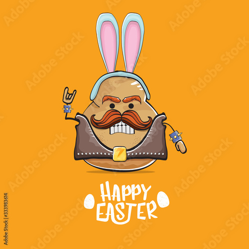 vector rock star easter potato funny cartoon character with blue bunny ears isolated on orange background. rock n roll easter party poster or happy easter greeeting card photo