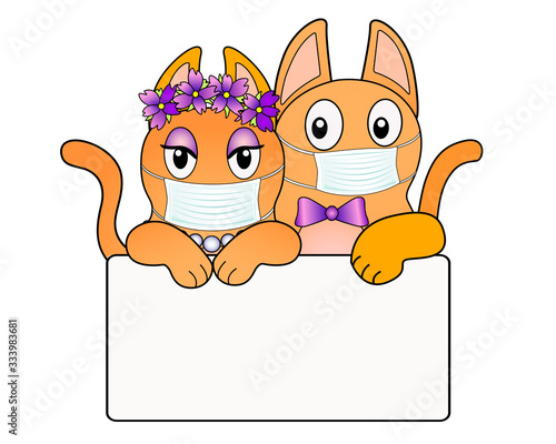 A pair of cute funny red cats in medical masks holding a sign or poster with copy space for your text. Vector medical cats in antiviral masks holding a sign for content