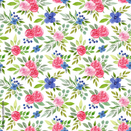 Wallpaper Mural Floral watercolor seamless pattern with pink roses, blue flowers, berries isolated on white background. Greenery and flowers. Hand drawn illustration. Torontodigital.ca