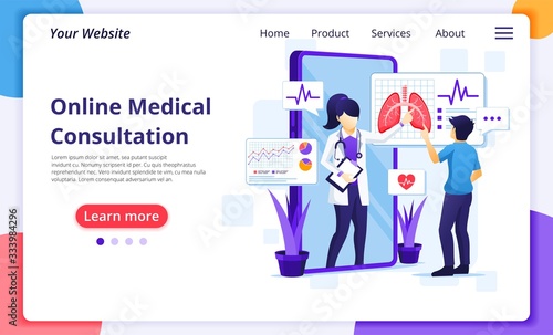 Online medical consultation concept, online health care assistance. Modern flat web landing page design template. Vector illustration