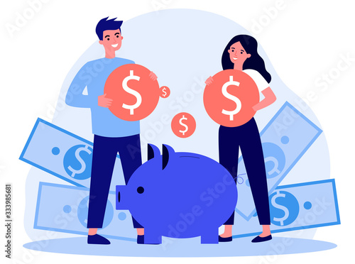 Young family investing money for future flat vector illustration. Man and woman saving finances on deposit for house. Economy and financial independence concept.