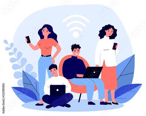 Young people browsing online via laptop and smartphones flat vector illustration. Users watching movie, surfing on sites and using Wi-Fi. Social media and digital technology concept.