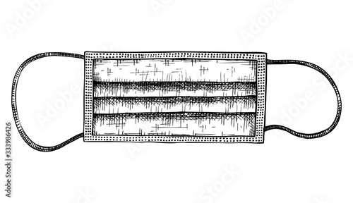 Vector medical face mask sketch. Protection against corona virus and other infection. Hand drawn mask illustratiher infection. Hand drawn mask illustration in engraved style. Part of medical wear set.