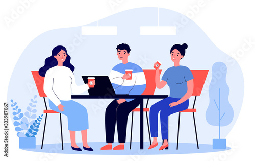 Happy young people drinking coffee together at lunch flat vector illustration. Meeting of company employees at office for work. Teamwork and communication concept.
