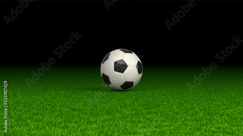 Soccer ball on green football field. 3D rendering.