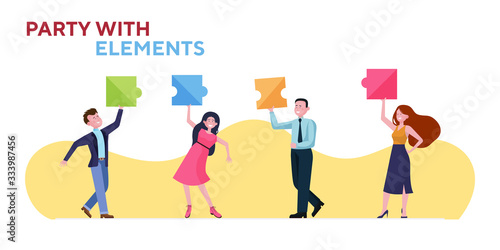 Happy business group enjoying office party. Team connecting puzzle pieces flat vector illustration. Teamwork, celebration, unity concept for banner, website design or landing web page