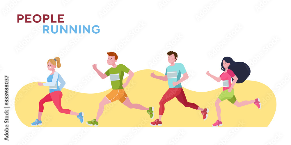 Active people running marathon. Athlete team jogging in park flat vector illustration. Activity, lifestyle, morning, competition concept for banner, website design or landing web page Active people running marathon. Athlete team jogging in park flat vector illustration. Activity, lifestyle, morning, competition concept for banner, website design or landing web page