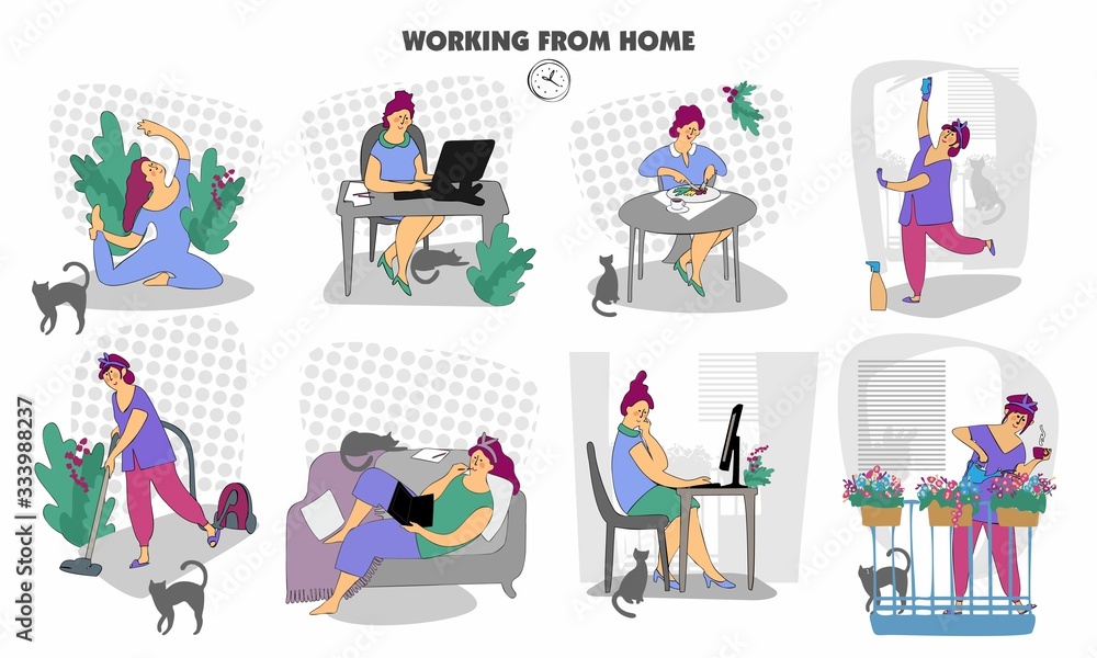 Work from home. Home office. Remote working. Plan your day. Freelance. Woman self employed concept remote working. Conceptual flat illustration.