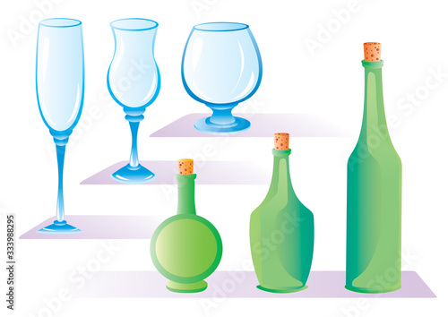 set of wineglasses and green bottles, isolated object on a white background, vector illustration,