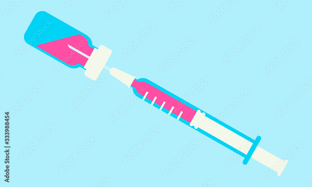 Medical glass bottle with vaccine and syringe on a blue background. Vector illustration Medical glass bottle with vaccine and syringe on a blue background. Vector illustration