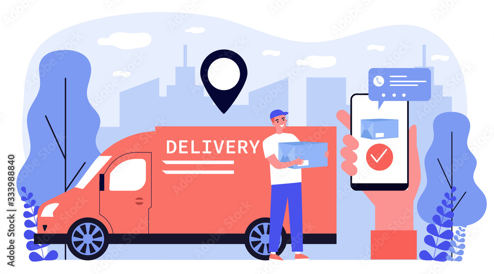 Happy courier delivering package to customer flat vector illustration ...