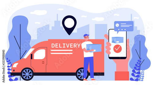 Happy courier delivering package to customer flat vector illustration. Client making order via smartphone app and tracking online. Service, GPS technology and delivery concept.