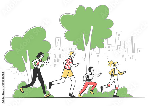 Happy people running marathon in city park flat vector illustration. Family jogging together. Man and woman with kids going in for sports. Lifestyle and health concept