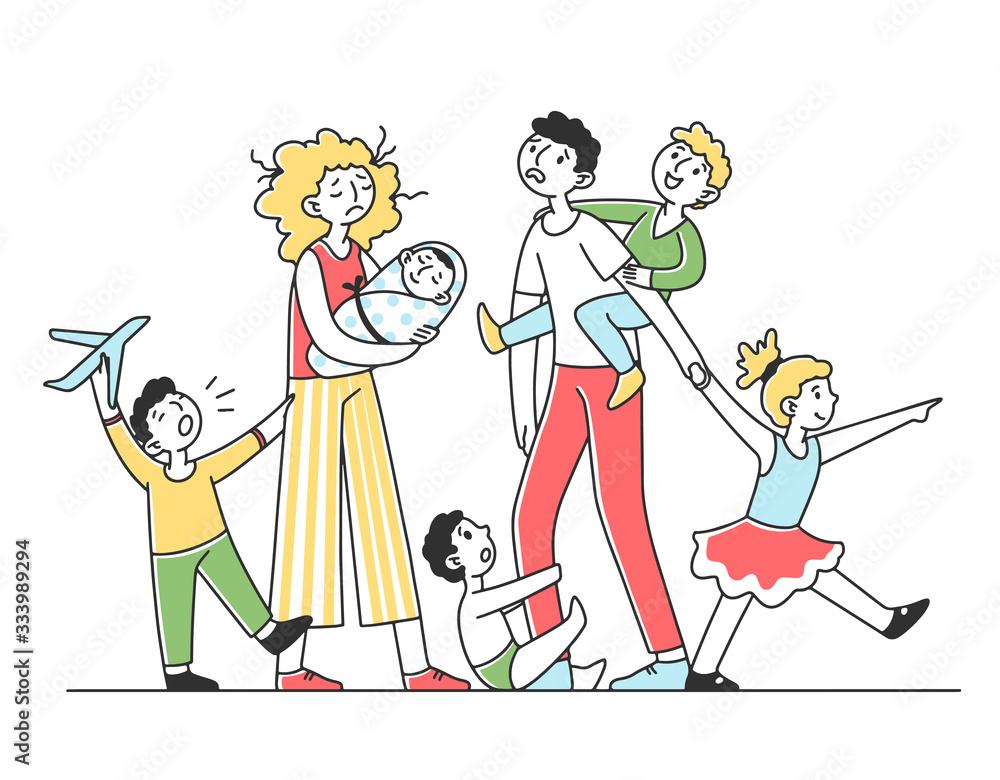 Tired young family with many children flat vector illustration. Father and mother exhausted under life routine. Kids playing up. Big family and lifestyle concept Tired young family with many children flat vector illustration. Father and mother exhausted under life routine. Kids playing up. Big family and lifestyle concept