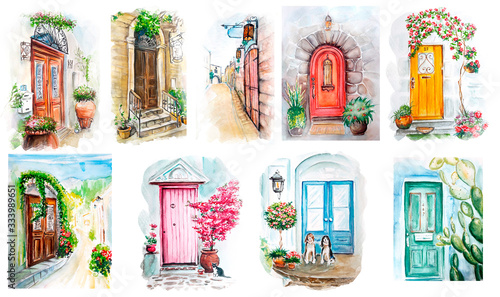  Watercolor painting of Vintage old door sketch art illustration