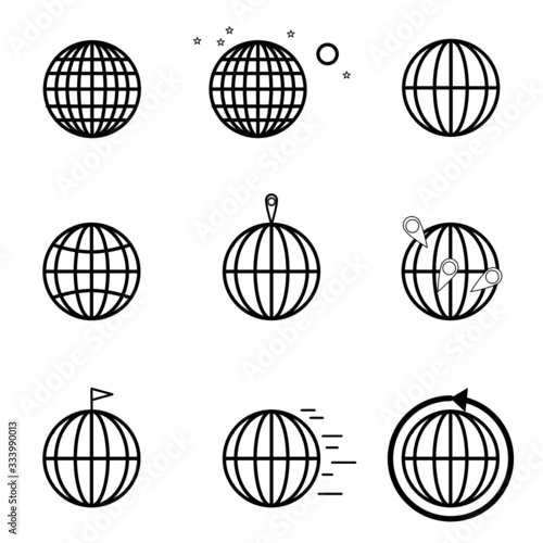 Globe vector set. Set of world pictures with latitude and longitude displaying concepts of travel, spread, flying, commerce, and space photo