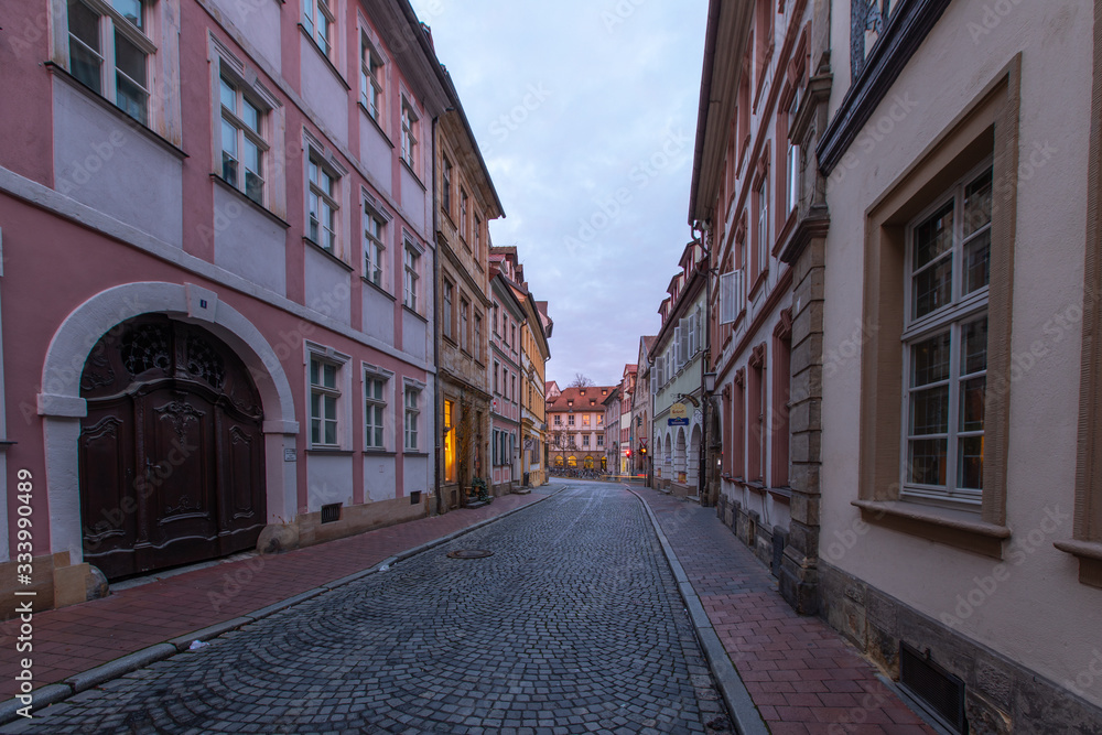 A street (Judenstrasse) at sunrise in Bamberg, Germany, A Unesco World Heritage Site
