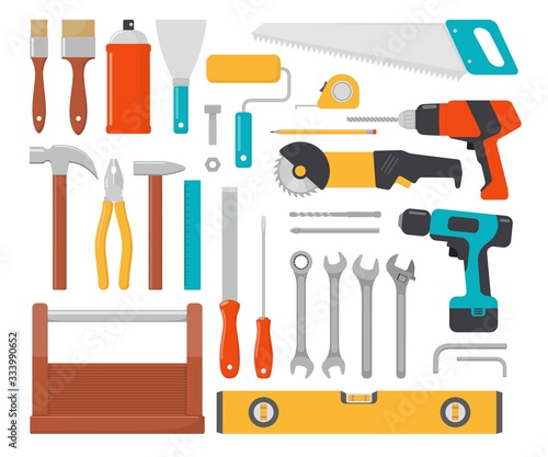 Collection of working tools. Repair and construction tools icon set. Hammer, pliers, chisel, file, screwdriver, brush, spatula, wrench, saw, drill, ruler, grinder, tool box. Vector flat illustration.