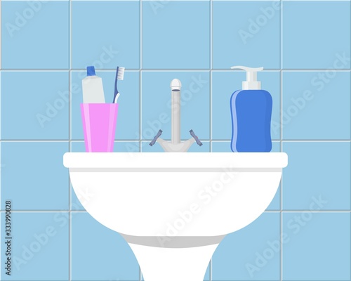 Bathroom sink with cosmetic liquid soap, toothpaste and toothbrush. Part of bathroom interior. Flat style vector illustration.