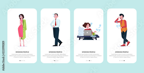 Smoking people set. Businessman, office worker at workplace, young woman with cigarettes flat vector illustration. Unhealthy habit, addiction concept for banner, website design or landing web page