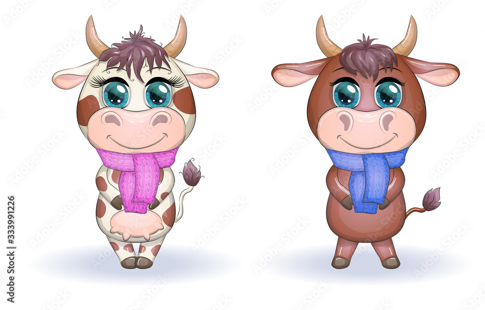 Cute cartoon couple cow and bull with scarves with beautiful big eyes.  Symbol of the year 2021 according to the Chinese calendar. Stock Vector |  Adobe Stock