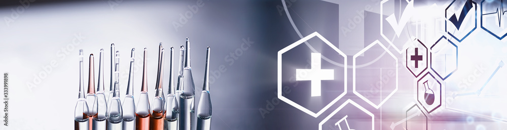 Obraz premium Test tubes with drugs and tests to test the victims and treat the infected. Ampoules with medicines. Set of test tubes with medicine.