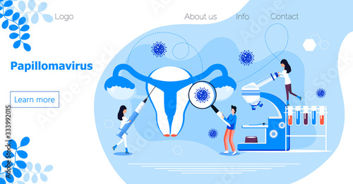 Papillomavirus concept vector for homepage of medical website. HPV is reason of cervical cancer. Tiny doctors treat papilloma viru