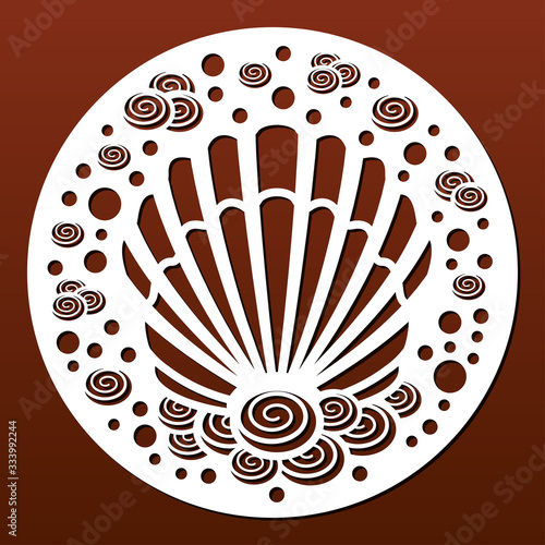 Laser cut template. Circular panel pattern for diy laser cutting. Design with seashells and underwater world.Vector ornament for paper art, fretwork, wall decor or wood coasters.