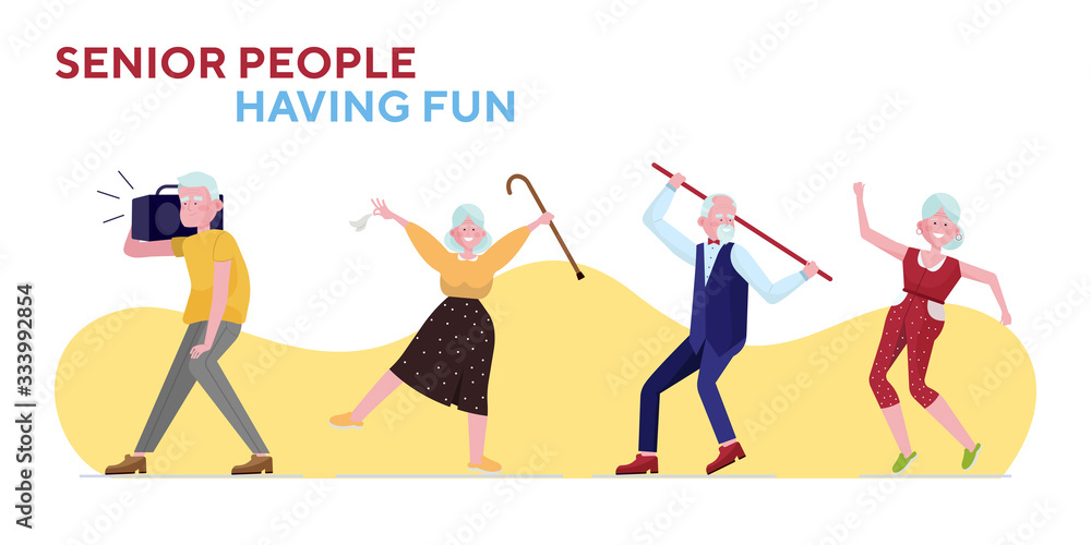Senior people having fun set. Old man and woman dancing with cane, tape recorder flat vector illustration. Retired, party, celebration concept for banner, website design or landing web page