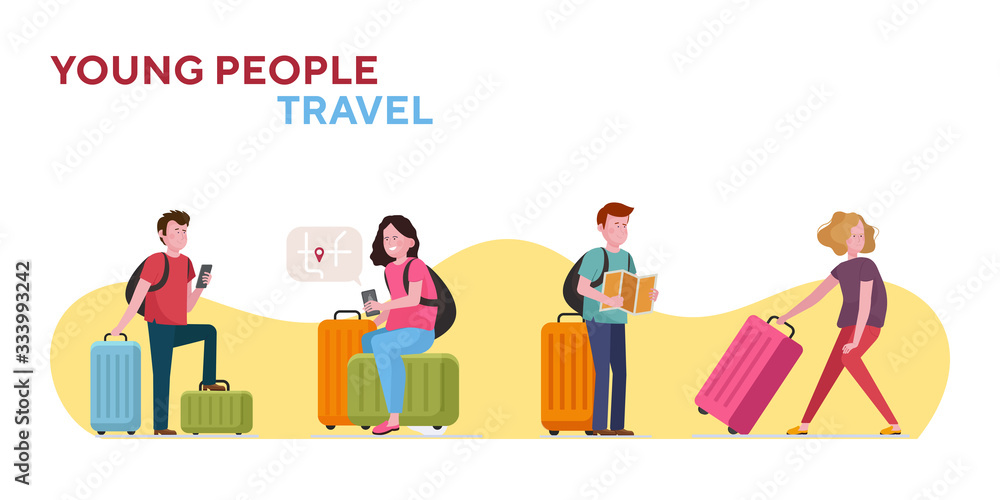 Young people travel with luggage set. Passengers, tourists with suitcases, baggage flat vector illustration. Airport, tourism, vacation concept for banner, website design or landing web page