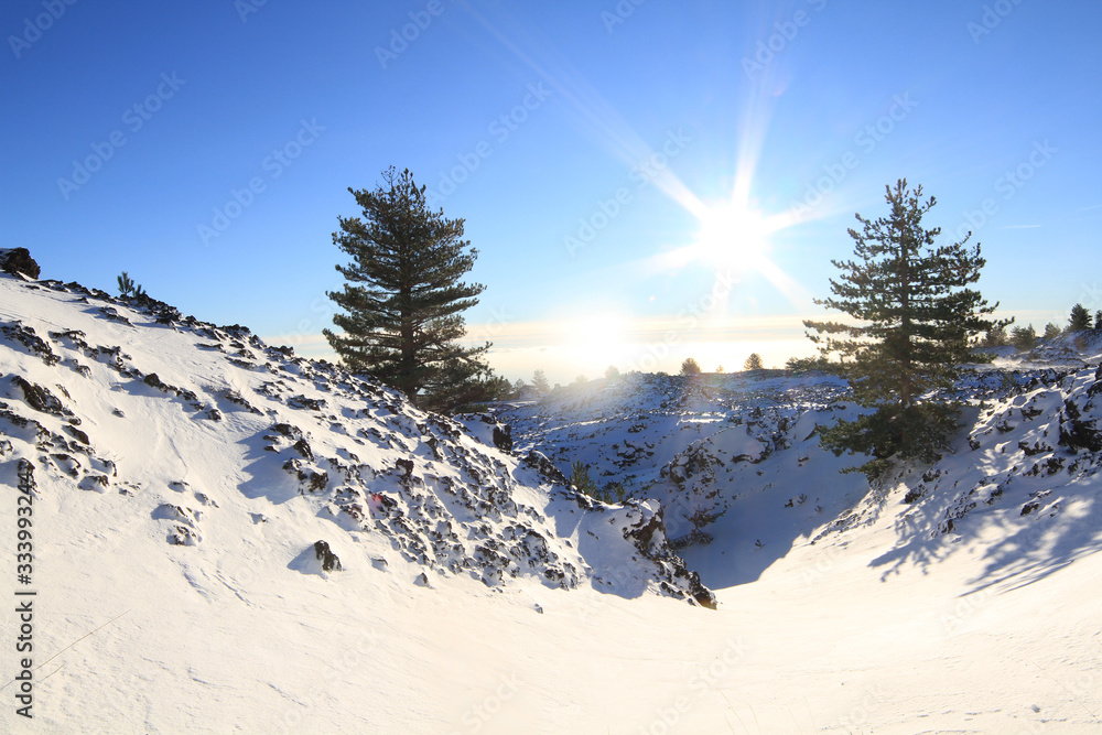 Sunrise on Etna mountain covered snow - Monti Sartorius