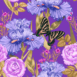 Seamless vector pattern with flowers and butterflies.