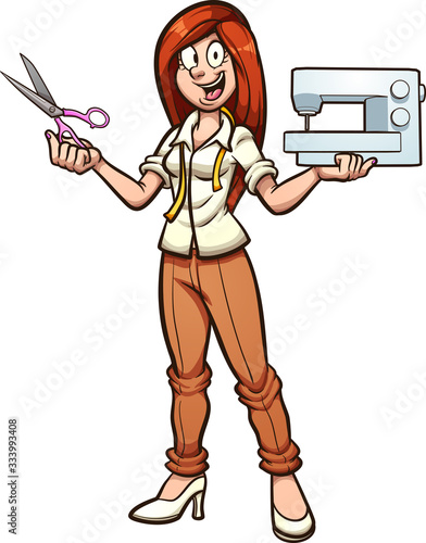 Cartoon happy seamstress woman holding a pair of scissors and a sewing machine. Vector clip art illustration with simple gradients. Some elements on separate layers.